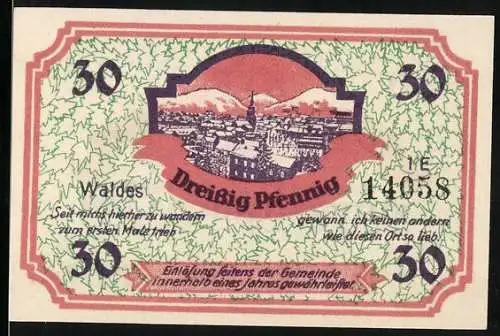 Notgeld Friedrichroda, 1921, 30 Pfennig, Stadtansicht mit Bergen und Statuenabbildung