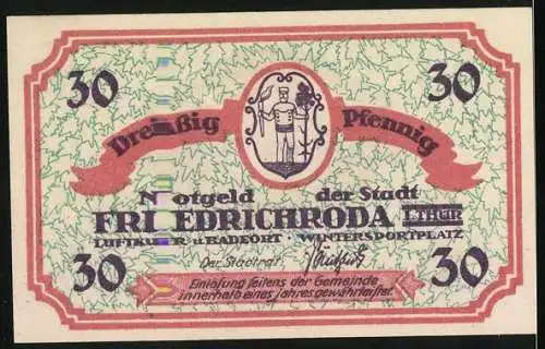 Notgeld Friedrichroda, 1921, 30 Pfennig, Stadtansicht mit Bergen und Statuenabbildung