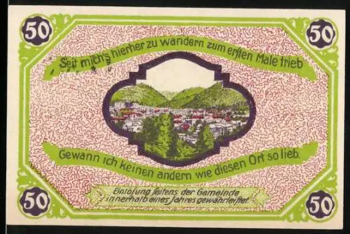 Notgeld Friedrichroda, 1921, 50 Pfennig, Stadtansicht und Wappen, Luftkurort und Wintersportplatz