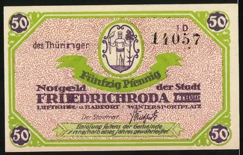 Notgeld Friedrichroda, 1921, 50 Pfennig, Stadtansicht und Wappen, Luftkurort und Wintersportplatz