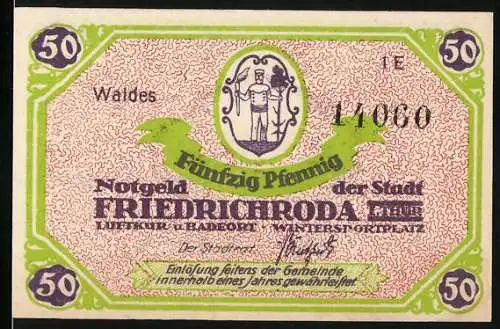 Notgeld Friedrichroda, 1921, 50 Pfennig, Stadtansicht mit Wäldern und Stadtwappen, Seriennummer 14080