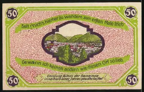 Notgeld Friedrichroda, 1921, 50 Pfennig, Stadtansicht mit Wäldern und Stadtwappen, Seriennummer 14080