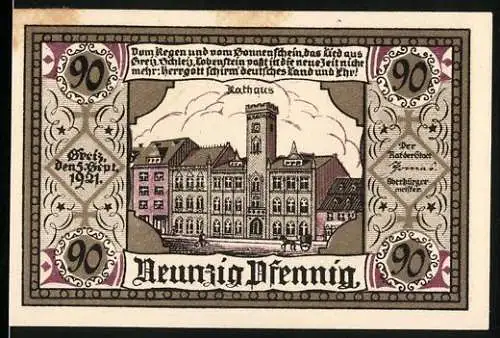 Notgeld Greiz, 1921, 90 Pfennig, Rathaus und Stadtwappen