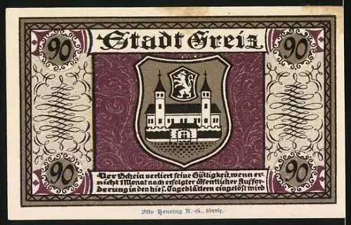 Notgeld Greiz, 1921, 90 Pfennig, Rathaus und Stadtwappen