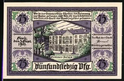 Notgeld Greiz 1921, 75 Pfennig, Sommerpalais und Stadtwappen