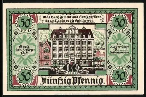 Notgeld Greiz, 1921, 50 Pfennig, Gebäude mit Wappen und Inschrift