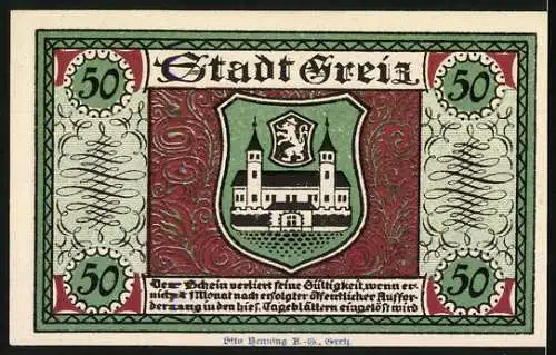 Notgeld Greiz, 1921, 50 Pfennig, Gebäude mit Wappen und Inschrift