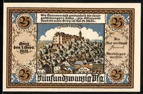 Notgeld Greiz 1921, 25 Pfennig, Abbildung des Oberen Schlosses und Stadtwappen