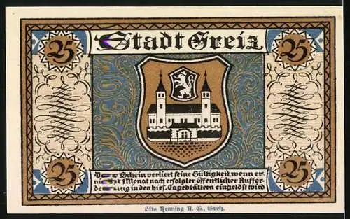 Notgeld Greiz 1921, 25 Pfennig, Abbildung des Oberen Schlosses und Stadtwappen