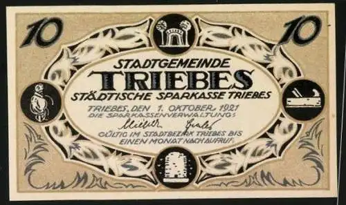 Notgeld Triebes 1921, 10 Pfennig, Stadtgemeinde und Städtische Sparkasse Triebes