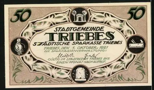 Notgeld Triebes, 1921, 50 Pfennig, Stadtgemeinde Triebes mit Kirchmotiv und Sparkassenverwaltung