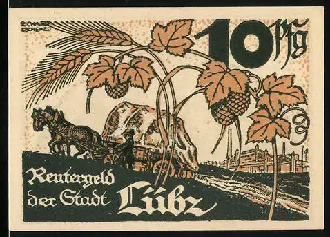 Notgeld Lübz, 1922, 10 Pfennig, Landwirtschaftsszene mit Hopfen und Pflug, Rückseite mit Gedicht und Wappen