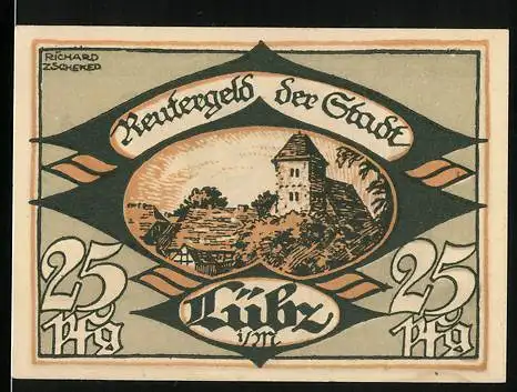 Notgeld Lübz, 1922, 25 Pfennig, Burg und Arbeiter mit Hammer und Sichel