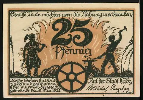Notgeld Lübz, 1922, 25 Pfennig, Burg und Arbeiter mit Hammer und Sichel