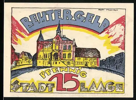 Notgeld Laage, 1922, 25 Pfennig, Reutergeld mit Stadtansicht und Pflugmotiv