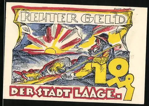 Notgeld Laage, 1921, 10 Pfennig, Illustration eines Mannes, der mit einem Stock in der Hand sitzt, und Stadtwappen