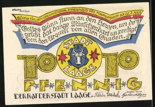 Notgeld Laage, 1921, 10 Pfennig, Illustration eines Mannes, der mit einem Stock in der Hand sitzt, und Stadtwappen