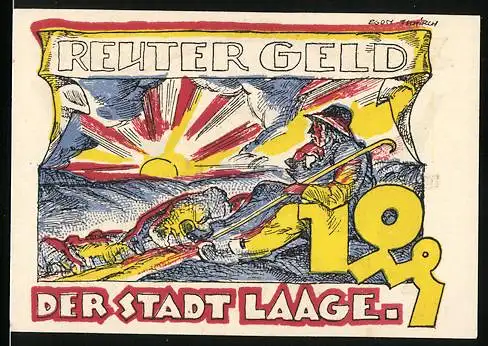 Notgeld Laage, 1921, 10 Pfennig, Reutergeld mit Sonnenaufgang und Hirte