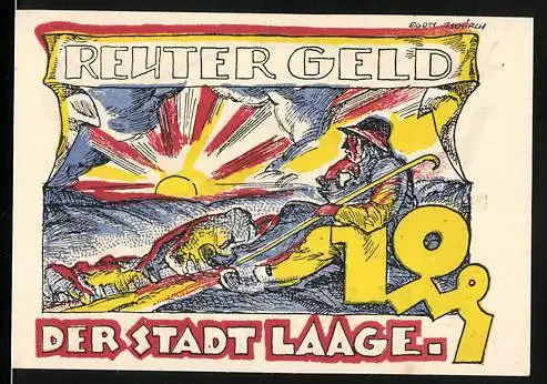 Notgeld Laage, 1922, 10 Pfennig, Reutergeld mit Hirte und Sonnenaufgang, Rückseite mit Stadtwappen und Spruch