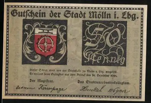 Notgeld Mölln, 1921, 50 Pfennig, Gutschein der Stadt mit Stadtwappen und Till Eulenspiegel Darstellung