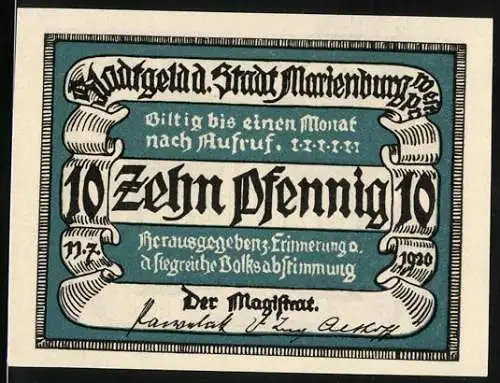 Notgeld Marienburg 1920, 10 Pfennig, Erinnerung an erfolgreiche Volksabstimmung, Turm mit Menschenmenge auf Rückseite