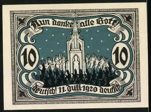 Notgeld Marienburg 1920, 10 Pfennig, Erinnerung an erfolgreiche Volksabstimmung, Turm mit Menschenmenge auf Rückseite