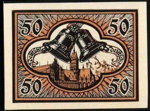 Notgeld Marienburg 1920, 50 Pfennig, Glocken und Stadtansicht, Gültig bis einen Monat nach Aufruf