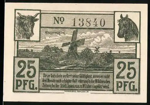Notgeld Wilster, 1920, 25 Pfg, Darstellung der alten Windmühle und des alten Rathauses