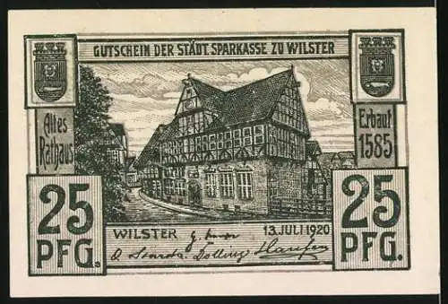 Notgeld Wilster, 1920, 25 Pfg, Darstellung der alten Windmühle und des alten Rathauses