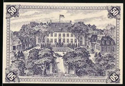 Notgeld Wiedenbrück 1918, 50 Pfennig, Gutschein des Kreises Wiedenbrück in Westfalen, mit Gebäudeansicht