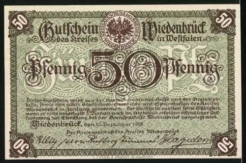 Notgeld Wiedenbrück 1918, 50 Pfennig, Gutschein des Kreises Wiedenbrück in Westfalen, mit Gebäudeansicht