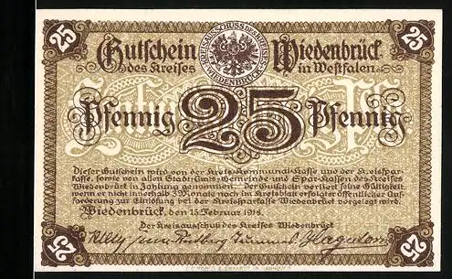 Notgeld Wiedenbrück 1918, 25 Pfennig, Gutschein des Kreises in Westfalen mit Landschaftsansicht
