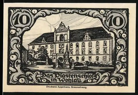 Notgeld Wohlau, 1921, 10 Pfennig, Das Piastenschloss und Wappen mit Eber, Druckerei Appelhans Braunschweig