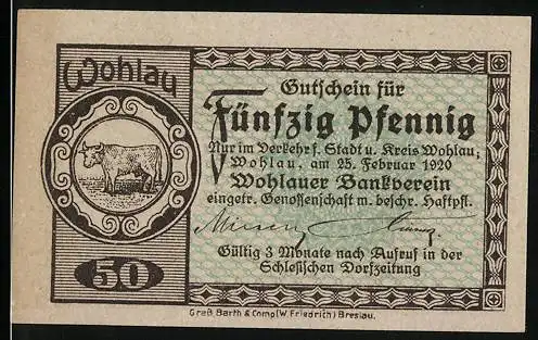 Notgeld Wohlau, 1920, 50 Pfennig, Kuh links und Bankgebäude Rückseite