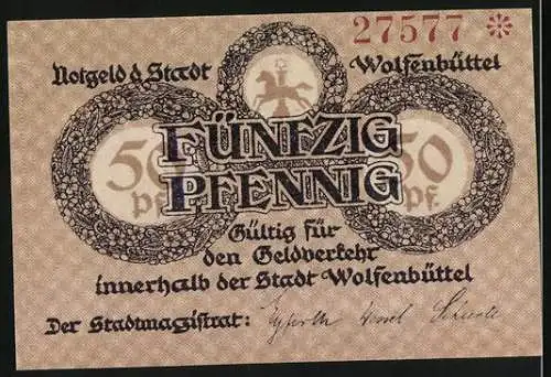 Notgeld Wolfenbüttel 1918, 50 Pfennig, Beschluss der städtischen Behörden