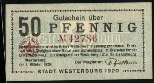Notgeld Westerburg 1920, 50 Pfennig, Gutschein über 50 Pfennig mit Stadtansicht und Seriennummer