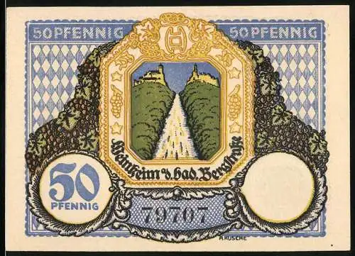 Notgeld Weinheim a.d. Bergstrasse, 1921, 50 Pfennig, Burgen und Landschaftsmotive, Seriennummer 79707