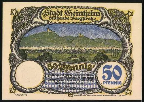 Notgeld Weinheim a.d. Bergstrasse, 1921, 50 Pfennig, Burgen und Landschaftsmotive, Seriennummer 79707