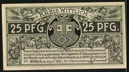 Notgeld Wittlich, 1921, 25 Pfennig, Eberhards-Clausen vor 400 Jahren und Kreis Wappen