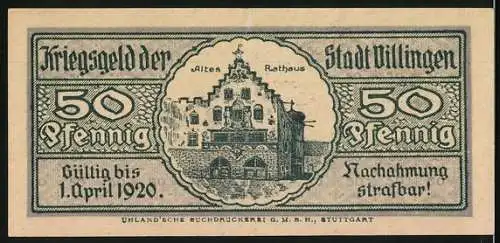 Notgeld Villingen 1918, 50 Pfennig, Kriegsnotgeld der Stadt Villingen, Altes Rathaus, gültig bis 1. April 1920