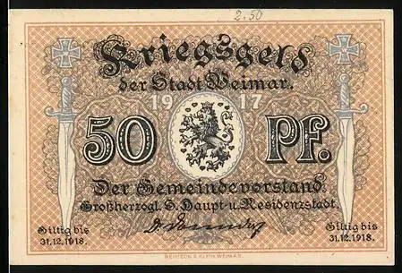 Notgeld Weimar 1917, 50 Pf, Kriegsbedarf der Stadt Weimar gültig bis 31.12.1918