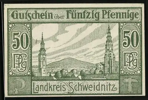 Notgeld Schweidnitz, 1921, 50 Pfennig, Gutschein über Fünfzig Pfennige im Landkreis Schweidnitz mit Stadtansicht