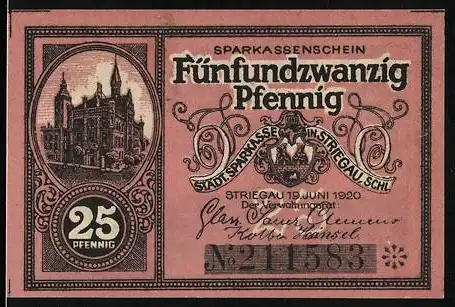 Notgeld Striegau 1920, 25 Pfennig, Sparkassenschein mit Stadtansicht und Stadtwappen