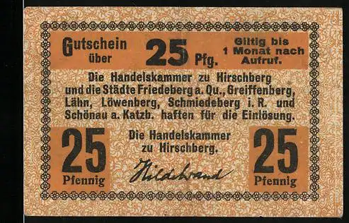 Notgeld Hirschberg, 25 Pfennig, Handelskammer und Städte, Landschaftszeichnung Rückseite
