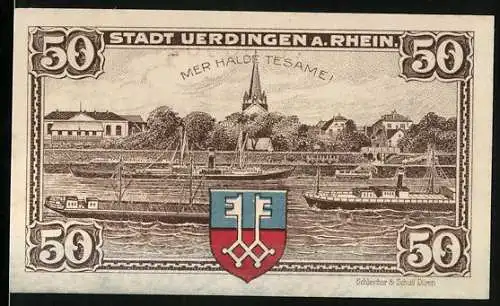 Notgeld Uerdingen am Rhein, 1921, 50 Pfennig, Stadtansicht mit Wappen und Schifffahrt, Seriennummer 50401