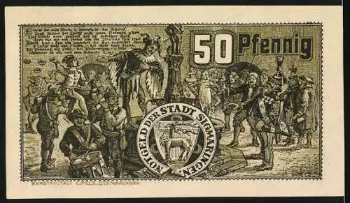 Notgeld Sigmaringen 1920, 50 Pfennig, Burgansicht und Historische Szene