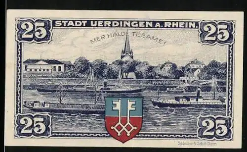 Notgeld Uerdingen a. Rhein 1921, 25 Pfennig, Stadtansicht und Wappen mit Schiffen und Kirche