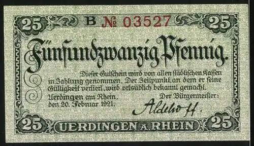 Notgeld Uerdingen a. Rhein 1921, 25 Pfennig, Stadtansicht und Wappen mit Schiffen und Kirche