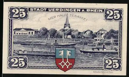 Notgeld Uerdingen am Rhein, 1921, 25 Pfennig, Stadtansicht mit Wappen und Schiffen