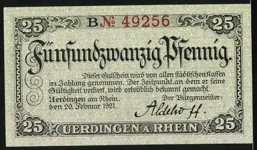 Notgeld Uerdingen am Rhein, 1921, 25 Pfennig, Stadtansicht mit Wappen und Schiffen